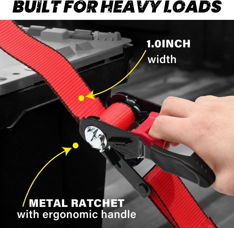 ARMORLOGISTICS Ratchet Straps (4 Pack) - 1in x 15ft Motorcycle Strap Tie Downs with 15ft Soft Loops - 2,100lb Break Strength Ratchet Tie Down Straps for Motorcycles, Truck, Cargo - Safety S Hook, Storage Bag - Image 3